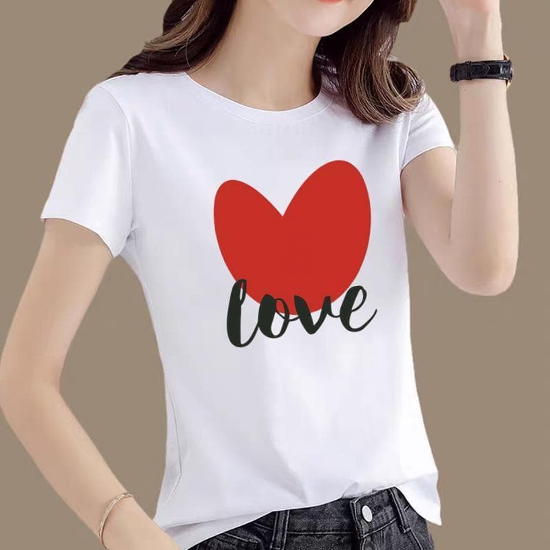 Women's Korean Style Fashion Round Neck Letter Heart Summer Casual Printed Base Layer Top Trendy Ins Short Sleeve T-Shirt