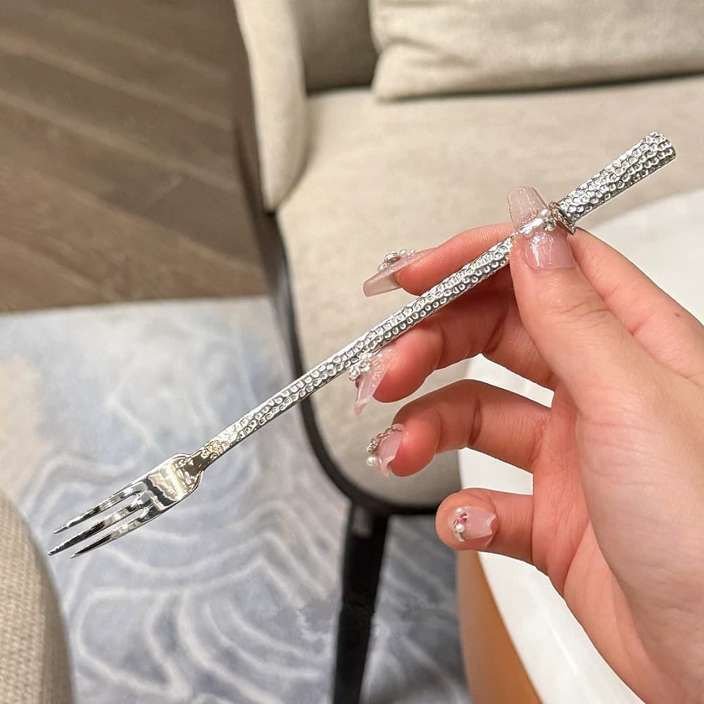 Premium Light Luxury Stainless Steel Fruit Fork Dessert Fork Cake Fork Hammered Three-Prong Fork Korean Style Tableware