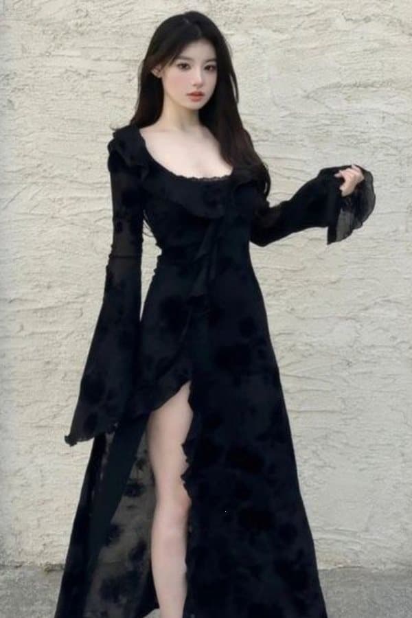2025 Summer Black Slim Fit Celebrity Slit Dress Two-piece Dress Cardigan Waistcoat Suit