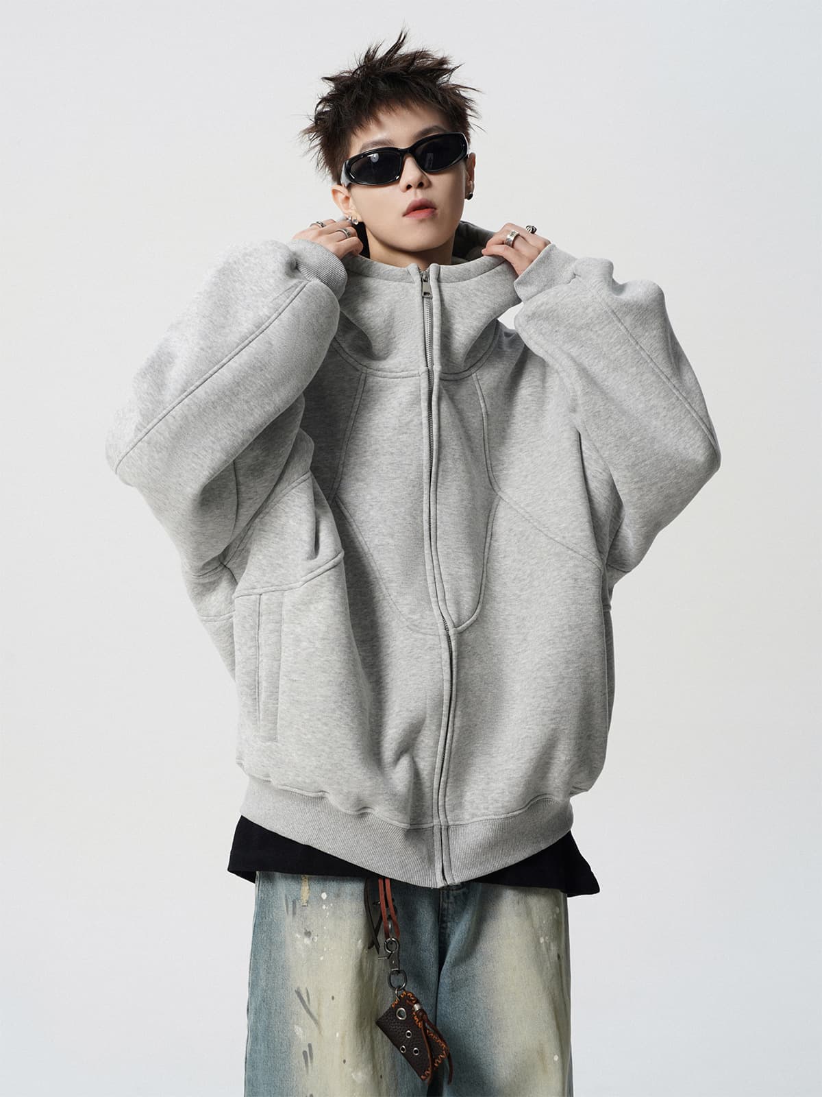 American Heavyweight Deconstructed Hooded Jacket Men's Winter Streetwear Designer Patchwork Sweatshirt High-Street Fleece-Lined Couple Hoodie