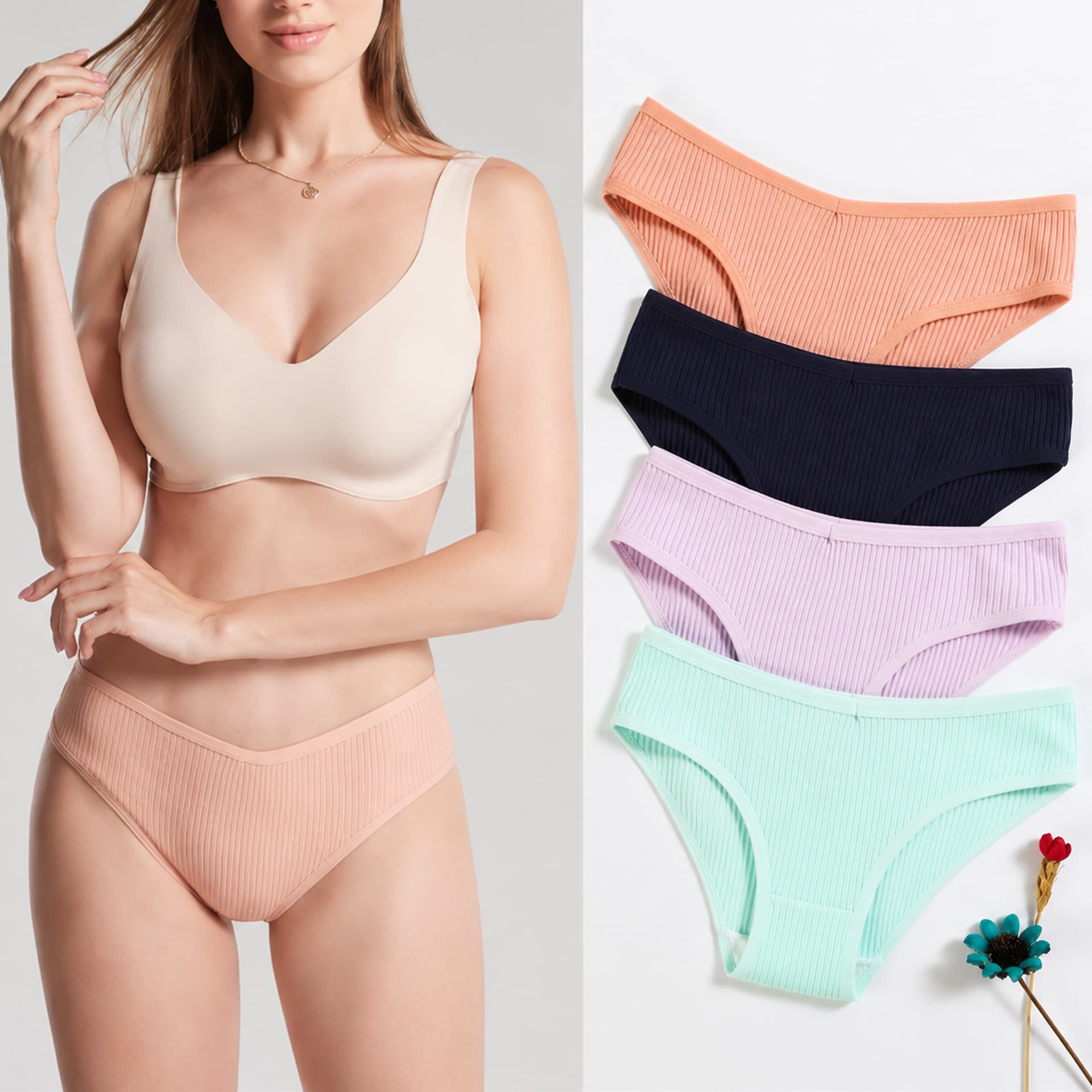 New Women's Cotton Ribbed Triangle Panties, Ten Colors, Low-Rise, Comfortable, Breathable, Double-Layer Gusset, Drop Shipping