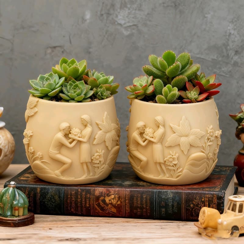 3D Couple Offering Flowers Plaster Flower Pot Silicone Mold DIY Scented Candle Cup Vase Epoxy Resin Storage Mold