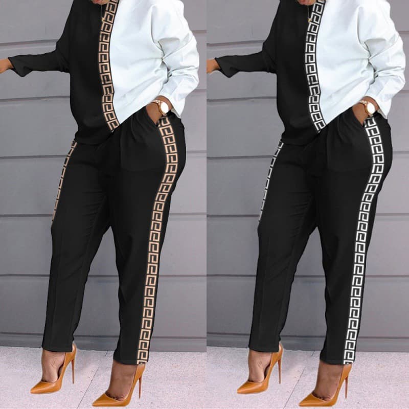 Cross-border Fall/Winter New Arrival Amazon European and American Women's Fashion Contrast Print Long-sleeve Loose Casual Set