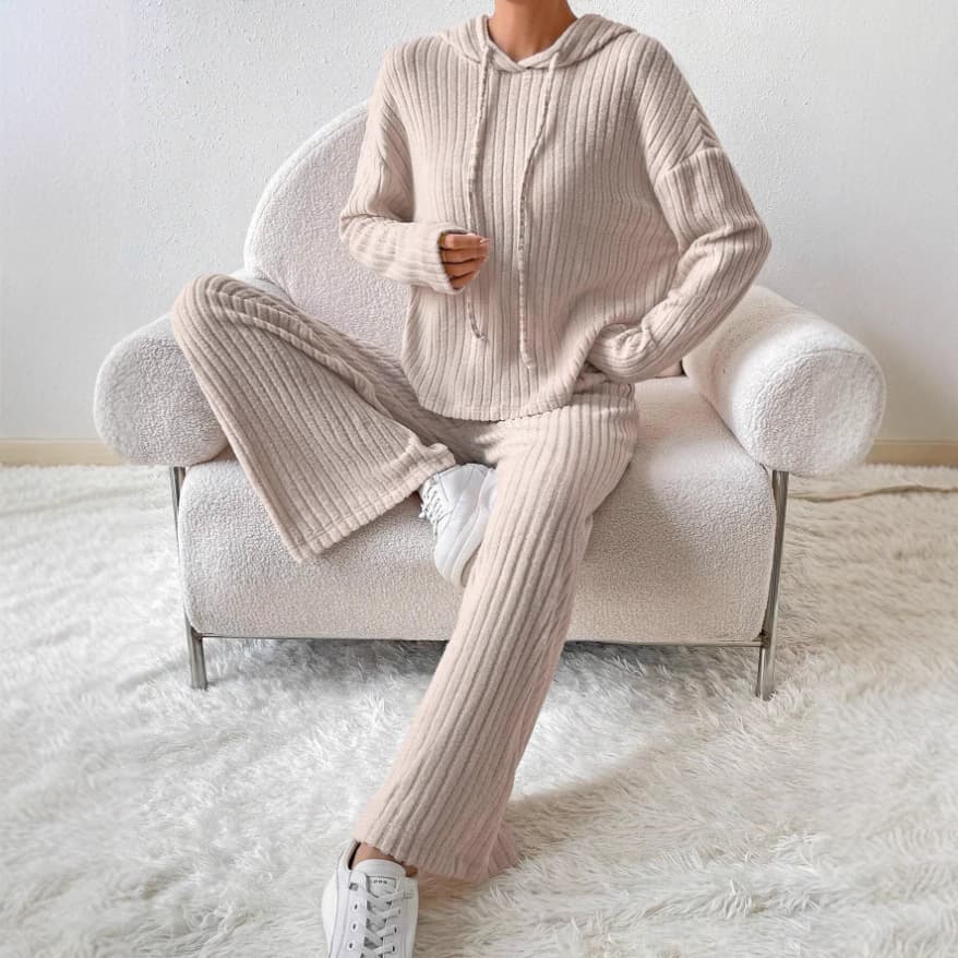 European and American Fall/Winter 2023 Cross-Border Casual Knitted Long-Sleeve Set Women's Export Hoodie Loose Pants Two-Piece Set