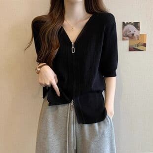 Plus Size Women Korean Style Belly Covering Ice Silk Short Sleeve Knit Top Women Summer Casual Loose Versatile Zipper Layering Top