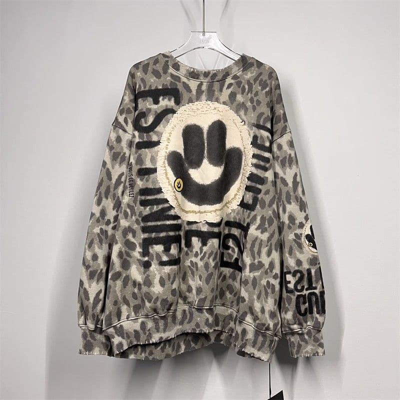 Plus Size Large Leopard Print Loose Women's Hoodie Fun Face Print Comfortable Cotton Street Style Trendy Top for Plus Size Women