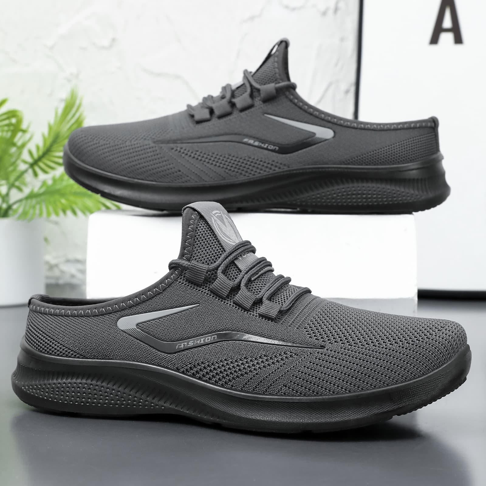 Summer men's shoes fly mesh bread toe half slippers breathable slip-on slip-ons soft sole lightweight casual shoes single shoes