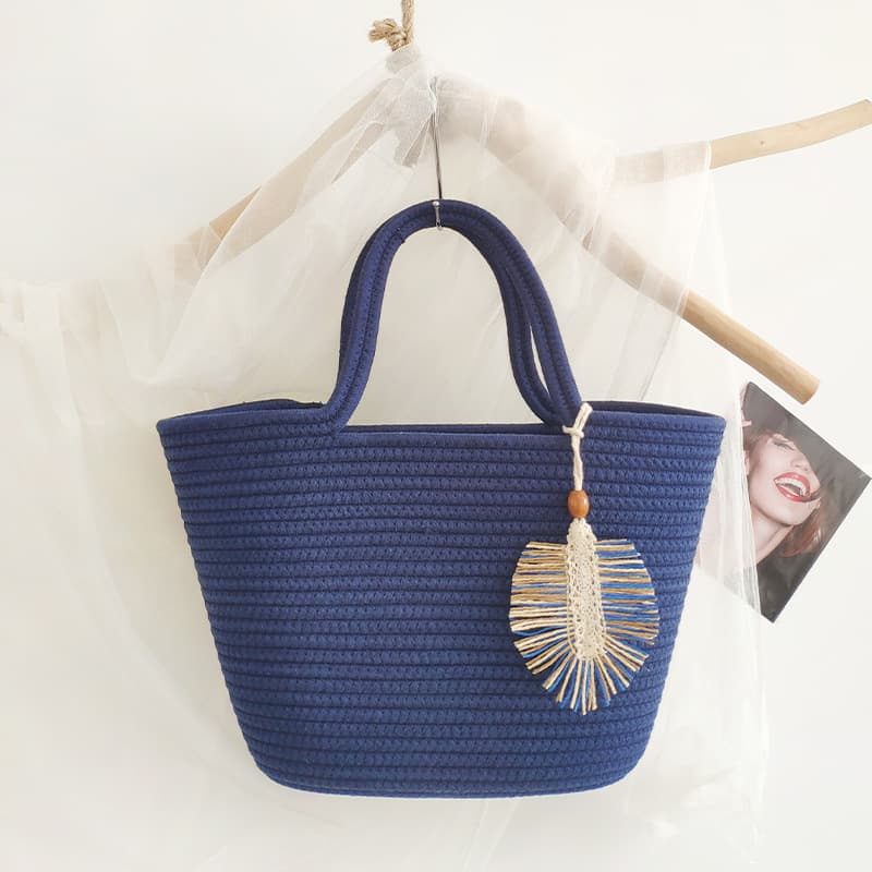Cross-border ins style retro dark blue large-capacity cotton rope woven tote bag beach vacation handbag new style for women