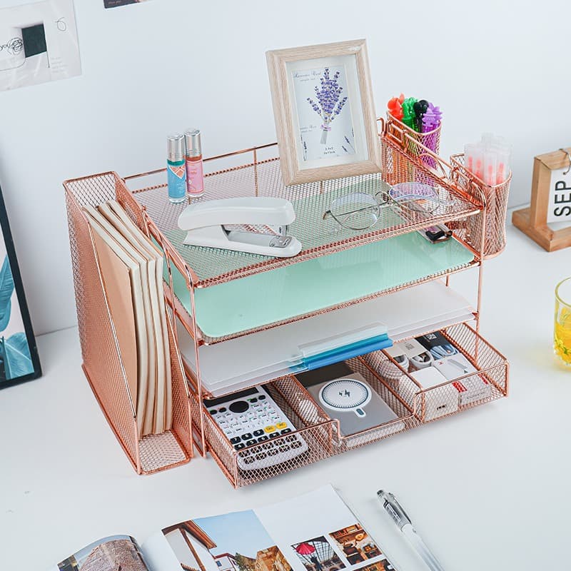 Amazon Rose Gold Office File Organizer Desktop Multi-Layer File Storage Rack Iron Pull-Out File Shelf