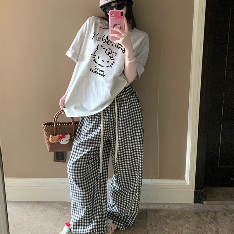Cute Hello Kitty Pajama Set for Women - Cotton Summer Round Neck Pullover Short Sleeve Top and Long Pants Cartoon Loungewear, Wearable Outside