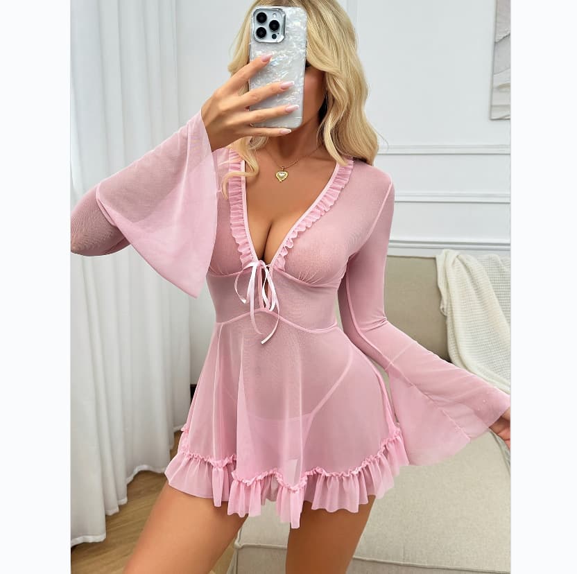 Sexy Lingerie Printed Mesh See-Through Long Sleeve Lace-Up Back Short Dress Flirting Lingerie Student