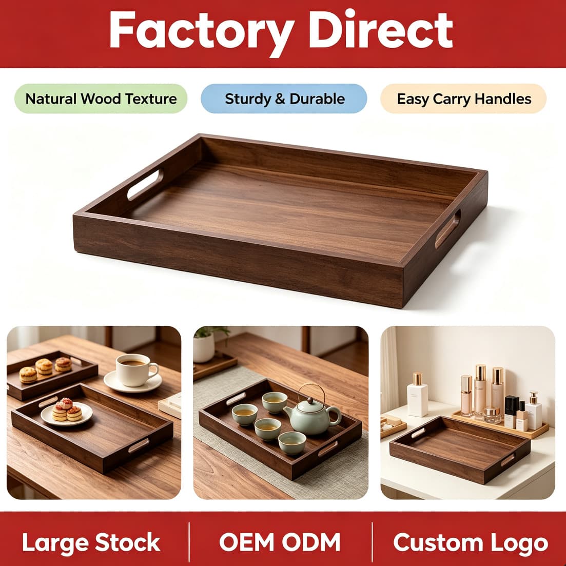 Large Bamboo Serving Tray with Cutout Handles - Perfect for
