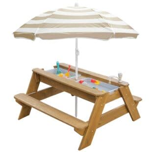 Solid Wood Children's Outdoor Game Table, Kids Table and Chair Set, Sand and Water Table with Parasol, Sensory Bin, Wooden Kids Picnic Table