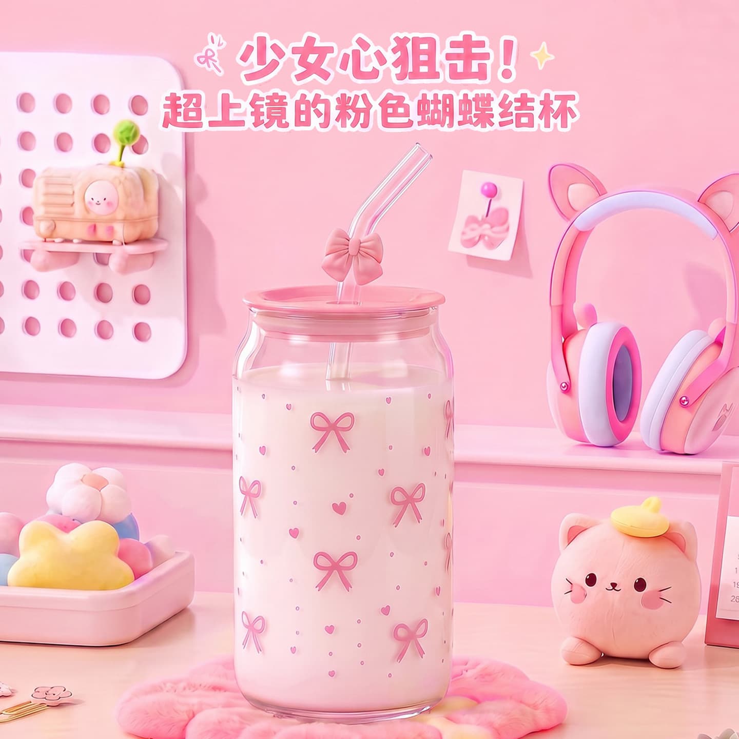 High borosilicate glass cartoon cat with lid, bow straw, desktop portable cup for students, high temperature resistance