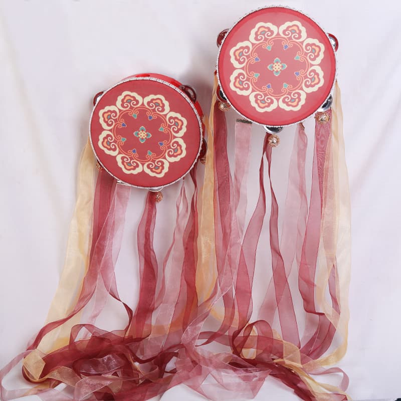 Dunhuang Feitian Dance Hand Drum with Bells Dance Prop, Ribbon Bell Drum Classical Dance Colored Ribbon Drum Hanfu Photo Prop