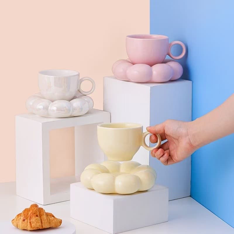 Pink Creative Sunflower Coffee Cup and Saucer Set for Women Afternoon Tea High-End Ceramic Breakfast Latte Cup Cross-Border