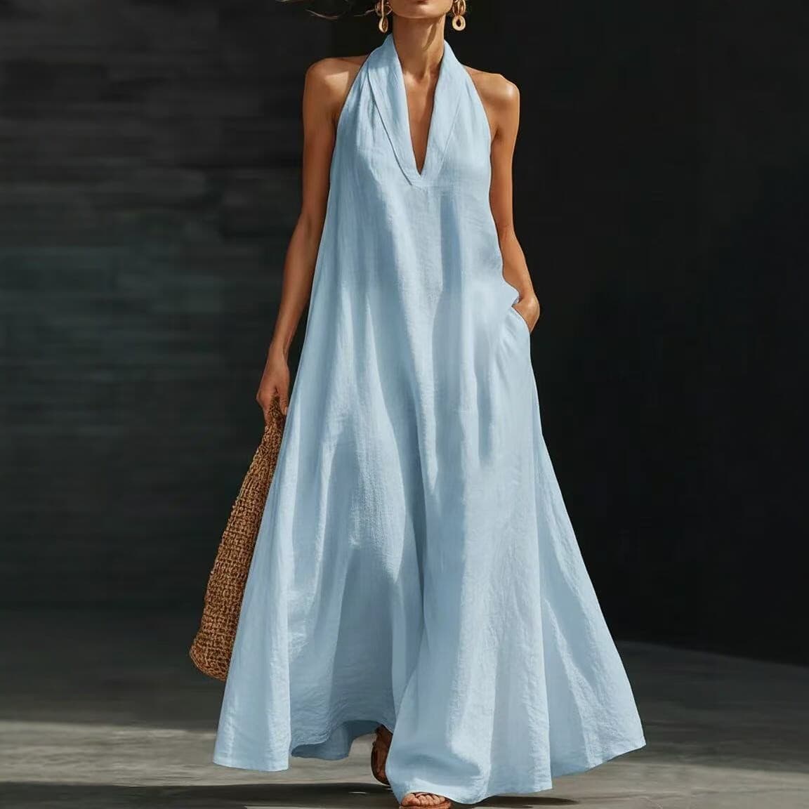 2026 New Style 3D European and American Cross-Border Resort Style V-Neck Sleeveless Loose Long Dress for Women Summer Seaside Beach Dress