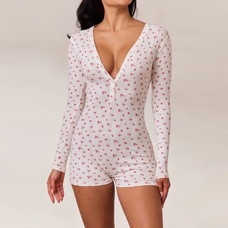 2025 Jumpsuit V-Neck Long Sleeve Floral Jumpsuit Shorts Sexy