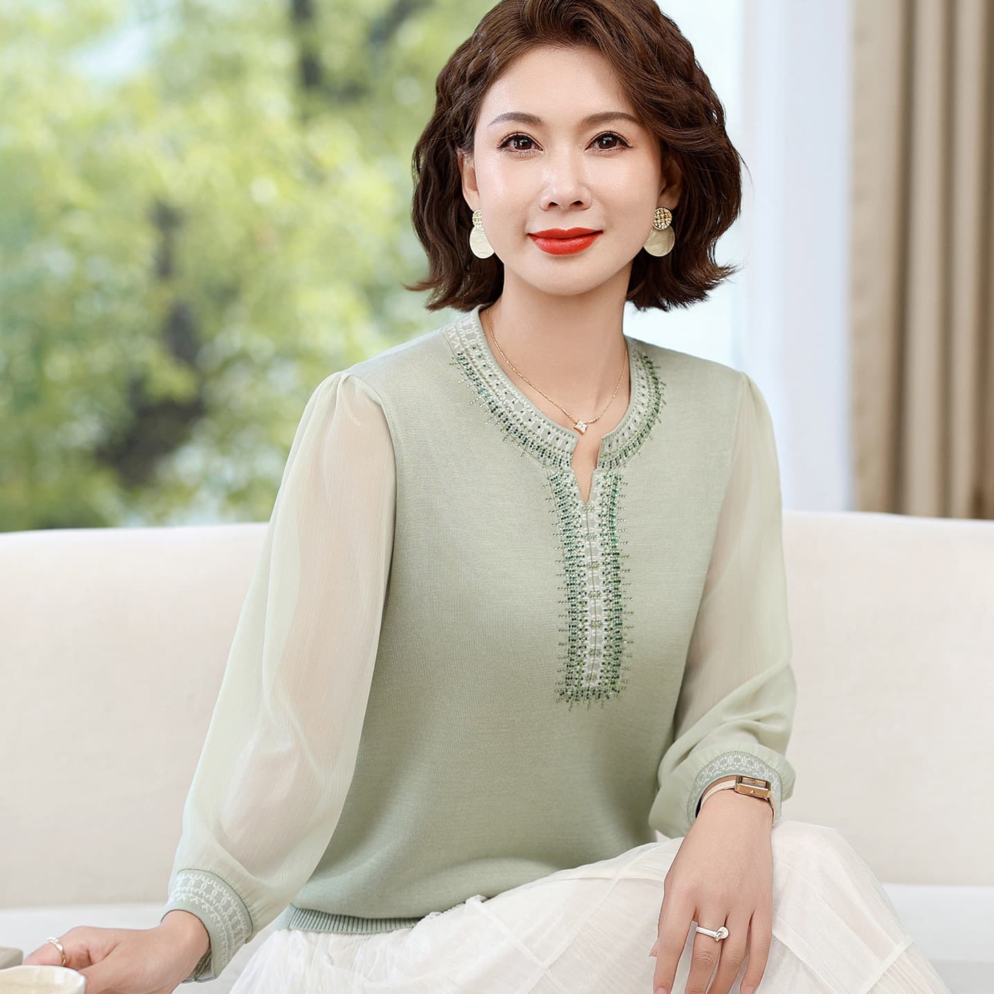 Fashionable Knitted Long-Sleeve Top for Middle-Aged Women 2026 New Style Mesh Sleeve T-Shirt