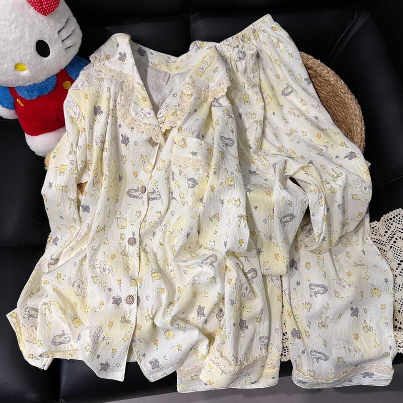 Autumn Lace Pajamas Women's New Cloud Cotton Long Sleeve Small Lapel Long Sleeve Long Pants Casual Home Wear Set