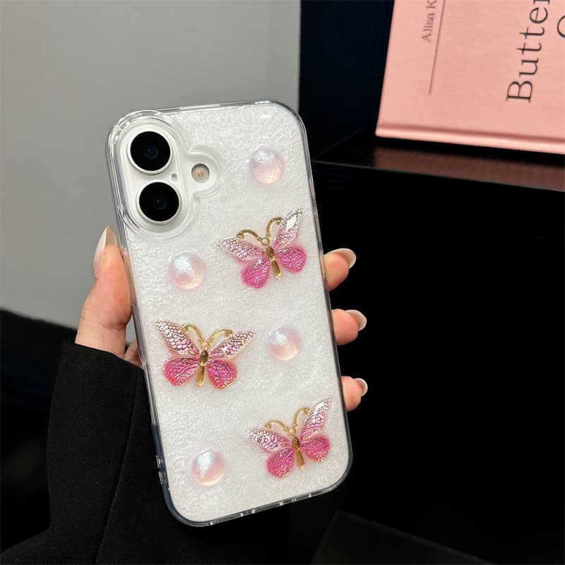 Premium Pink Butterfly Epoxy Phone Case for iPhone 17 Pro Max, Apple 16 Plus, 14, Pearl Butterfly, 15