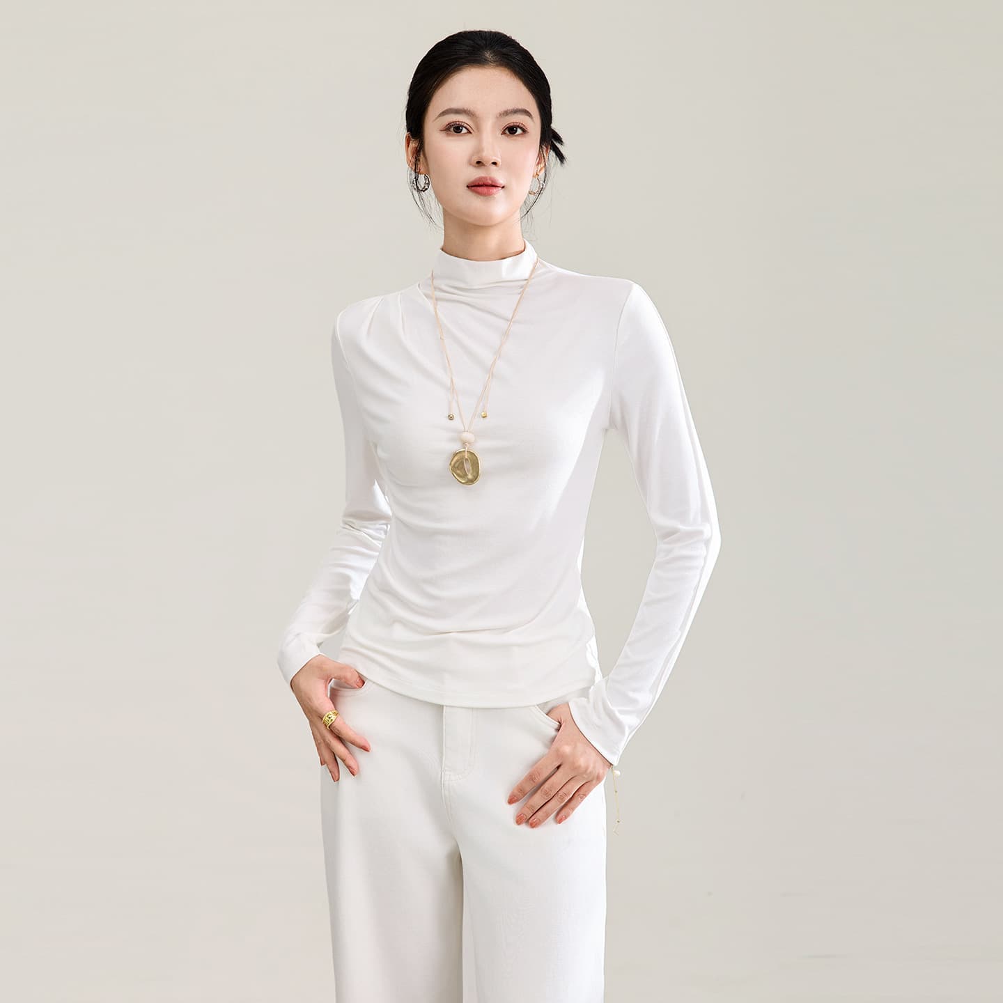 2613109 - Stylish Simple Casual Versatile Women's Autumn Long-Sleeve Slim Fit Half-Turtleneck Base Top, Nanyou Style