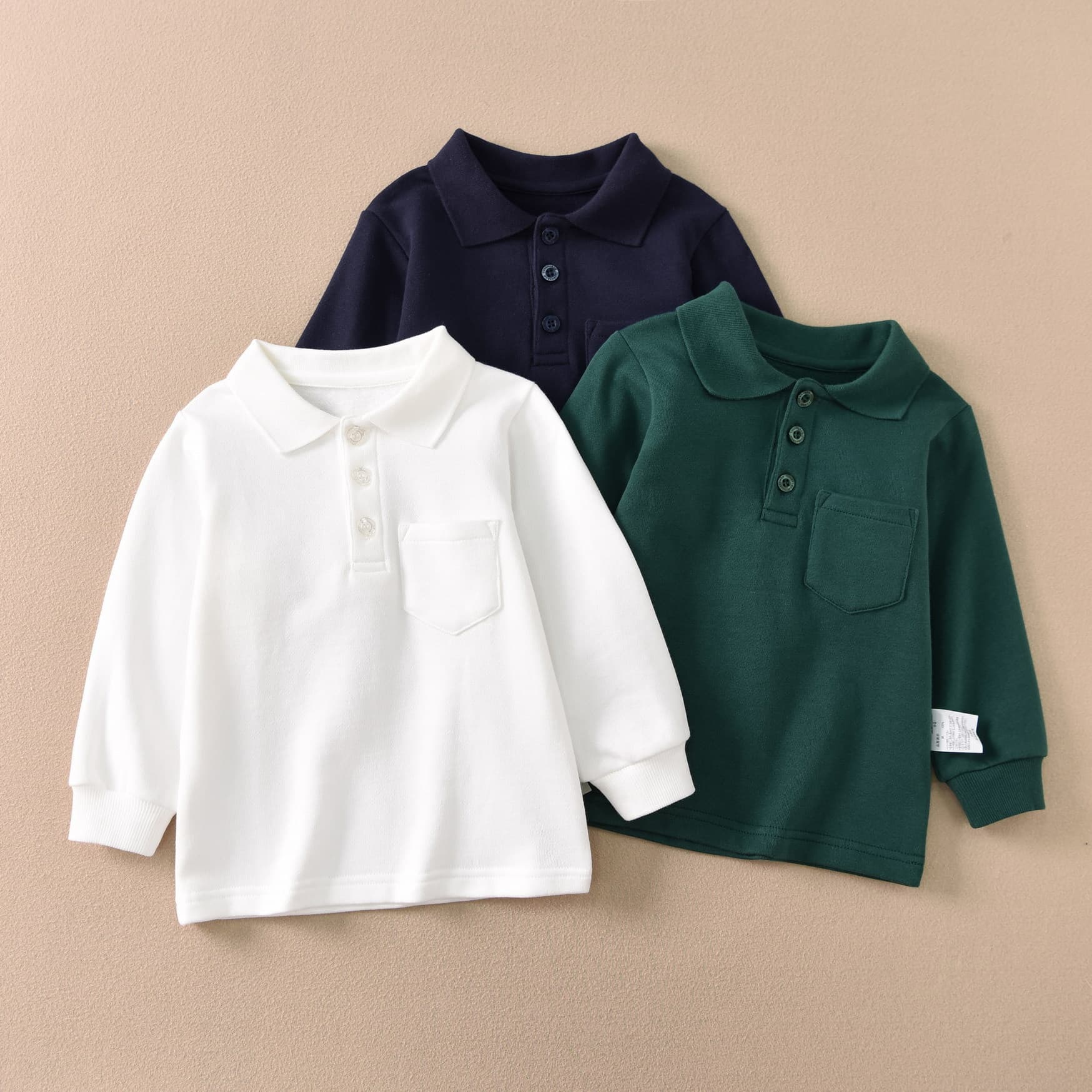 Boys and Girls Solid Color Polo Collar Undershirt White School Uniform Thick Fleece Long Sleeve