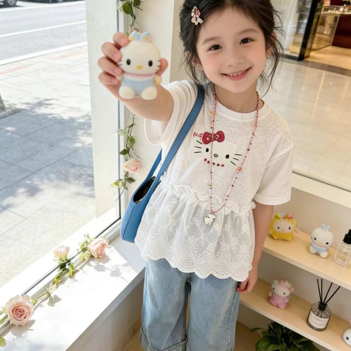 Baby girl summer suit 2026 new style girls lace splicing short-sleeved thin denim wide-leg pants two-piece set trendy