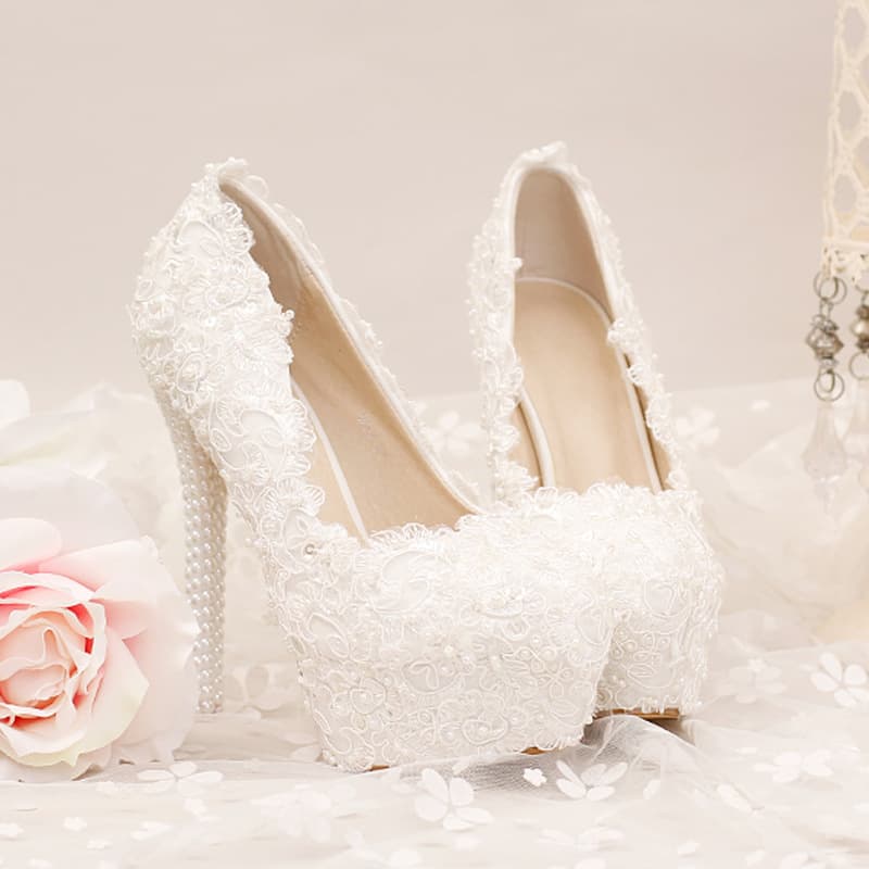 2021 New White Platform Pumps with Waterproof Sole, Stiletto Heel Women's Shoes, Lace Flower Pearl Wedding Shoes for Bride