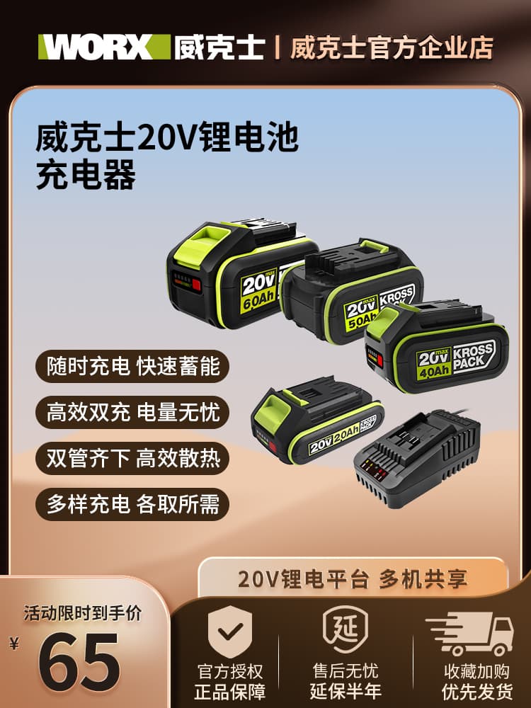 WORX Original 20V Battery WORX Lithium 2.0/4.0/5.0/6.0 Large Foot Battery Charger