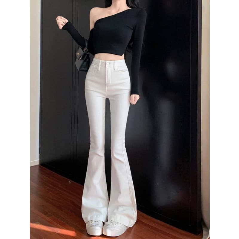 White High-Waist Jeans for Women, 2026 Spring New Stretch Slim Fit Slight Flare Straight-Leg Pants, Y2K Flare Pants