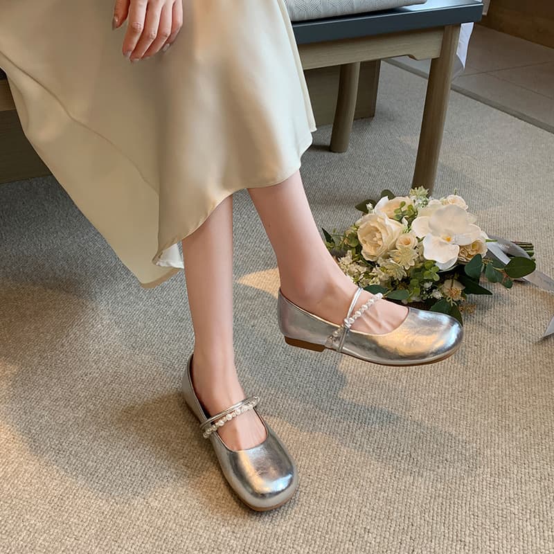 708-2-5 Silver Flat Mary Jane Shoes for Women, Low-Heel, Shallow Mouth, Four-Season Slip-On, Wide Width Large Size 41-43