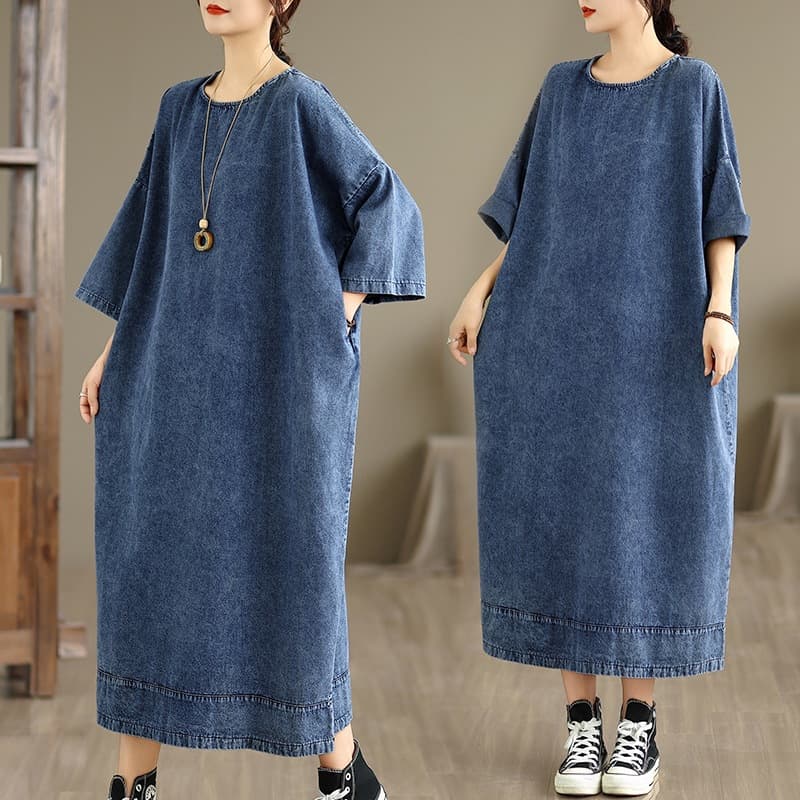Retro long-sleeved denim dress 2025 autumn new style literary large size loose women's casual slimming and long skirt