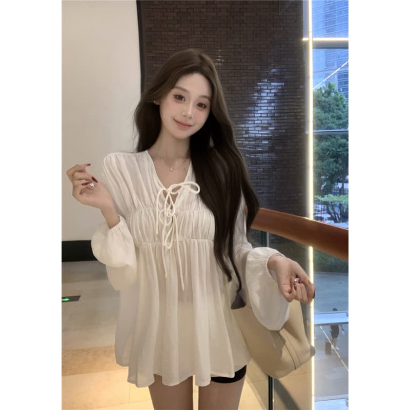 Real Shot French Pleated Textured White Blouse Round Neck Loose Women's Autumn Lantern Sleeve Top