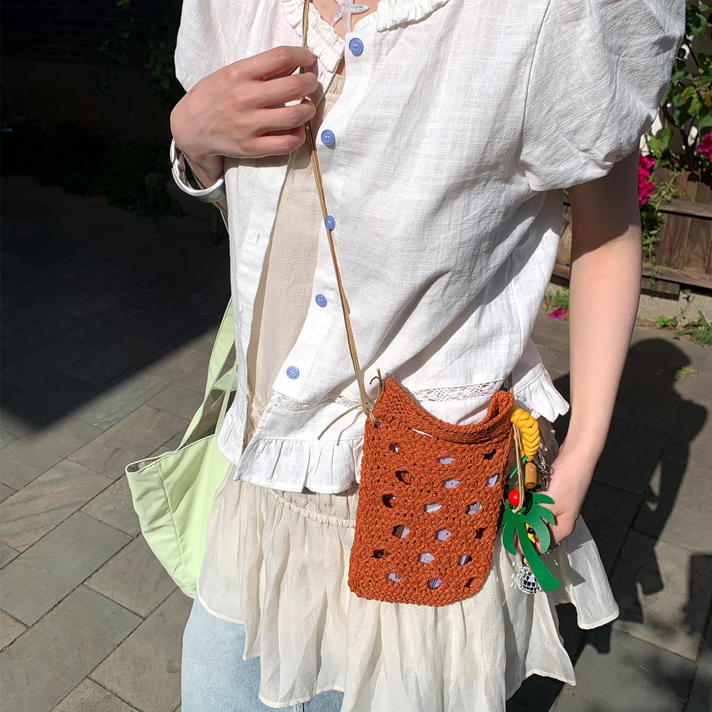 Vacation Style Handmade Crochet Beaded Hollow Phone Bag Women's Korean Spring Summer Outing Shoulder Crossbody Bag Accessory
