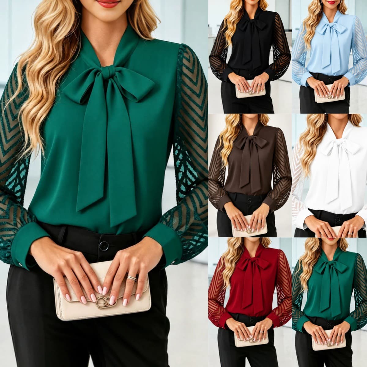 Cross-border European and American New Amazon Cutout Long-sleeve Chiffon Bow Solid Color Elegant Office Blouse for Women