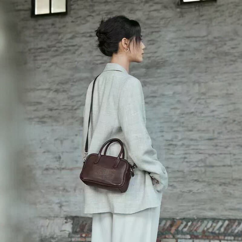 Seeking truth wide toe layer vegetable tanned cowhide retro casual all-match crossbody one-shoulder portable genuine leather bowling bag for women