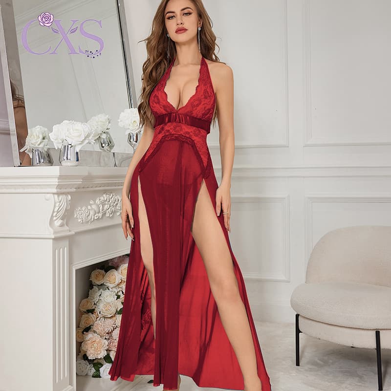 Cross-border foreign trade European and American sexy lingerie, sexy women's lace mesh slit suspender long skirt, sexy suit wholesale