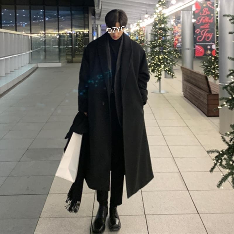 Korean style versatile mid-length trench coat for men, autumn and winter, over-the-knee British style wool coat, loose and thick, trendy.