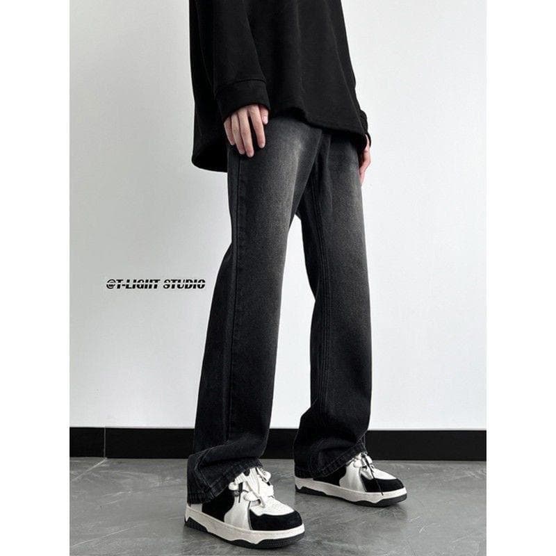 Black-gray flared jeans for men, autumn/winter new style, versatile straight-leg pants, American high-street vibe trendy trousers.