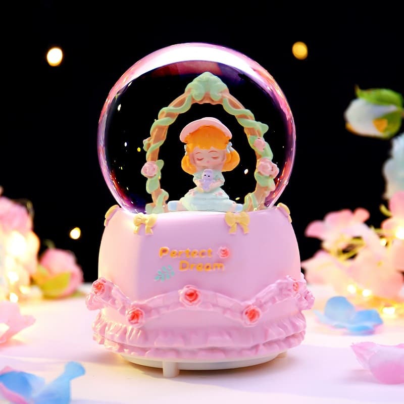 Cute Girly Miss Flora Crystal Ball Music Box Snow Globe Glowing Girl Children's Holiday Gift for Her