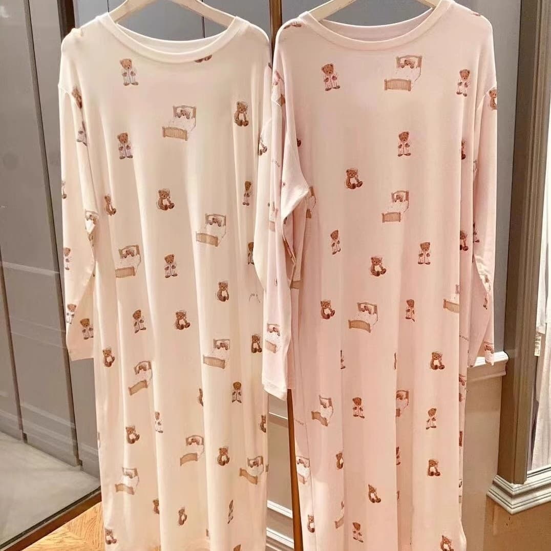 Autumn and Winter Women's Homewear Nightgown, Soft and Cozy Cute Bear Print, Round Neck Long Dress, Women's Loungewear and Outwear Dress