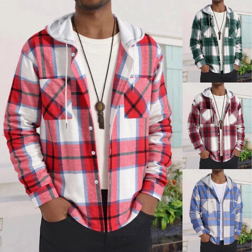 Cross-border European and American Men's New Fall Winter Plaid Jacket Shirt Double Pocket Casual Coat Flannel Plaid