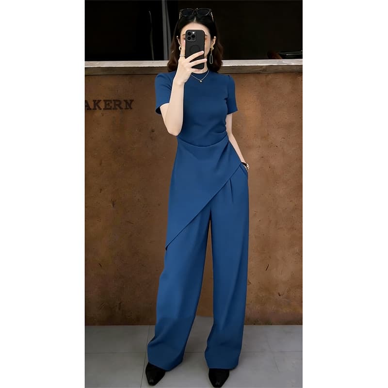 TikTok Hot Plus Size Women's New Set Korean Style Fat mm Design Top Wide Leg Pants Two-Piece 25107