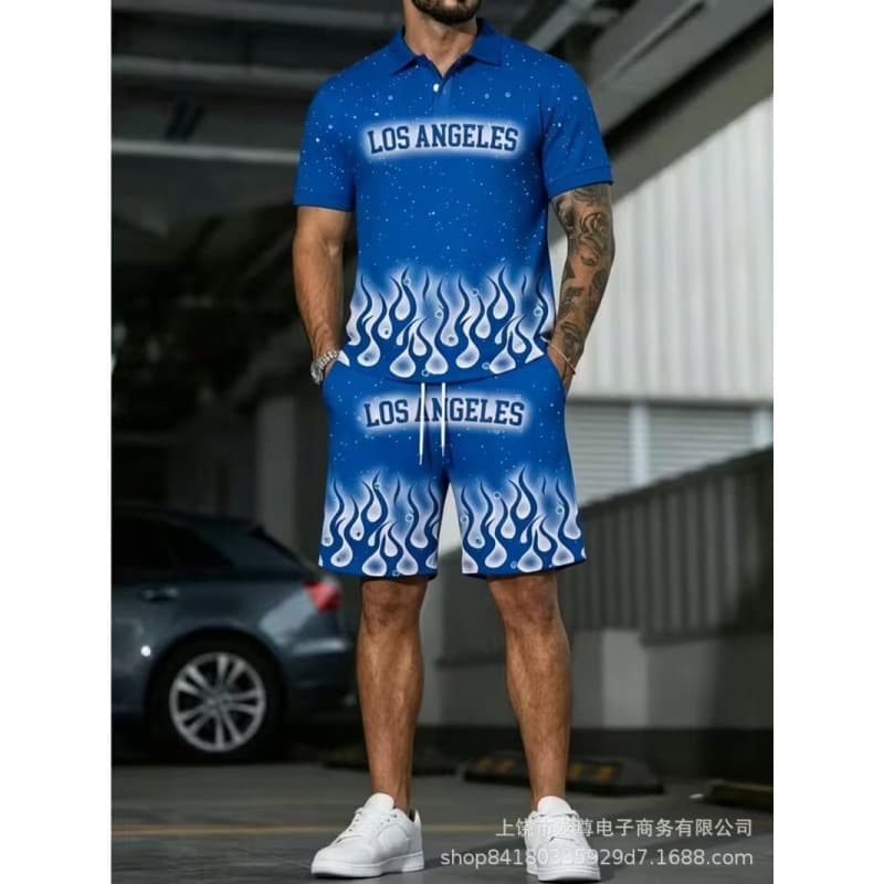 Cross-border summer new short-sleeved shorts suit LOS ANGELES printed short-sleeved polo shirt suit men's clothing