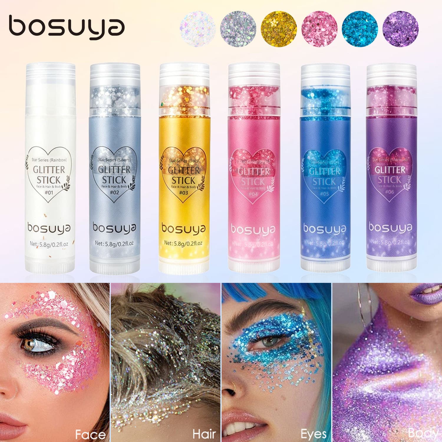 Cross-border Exclusive BOSUYA Stage Party Eye Shadow Glitter Stick Lip Cheek Gel Body Sparkle Glitter Cosmetics