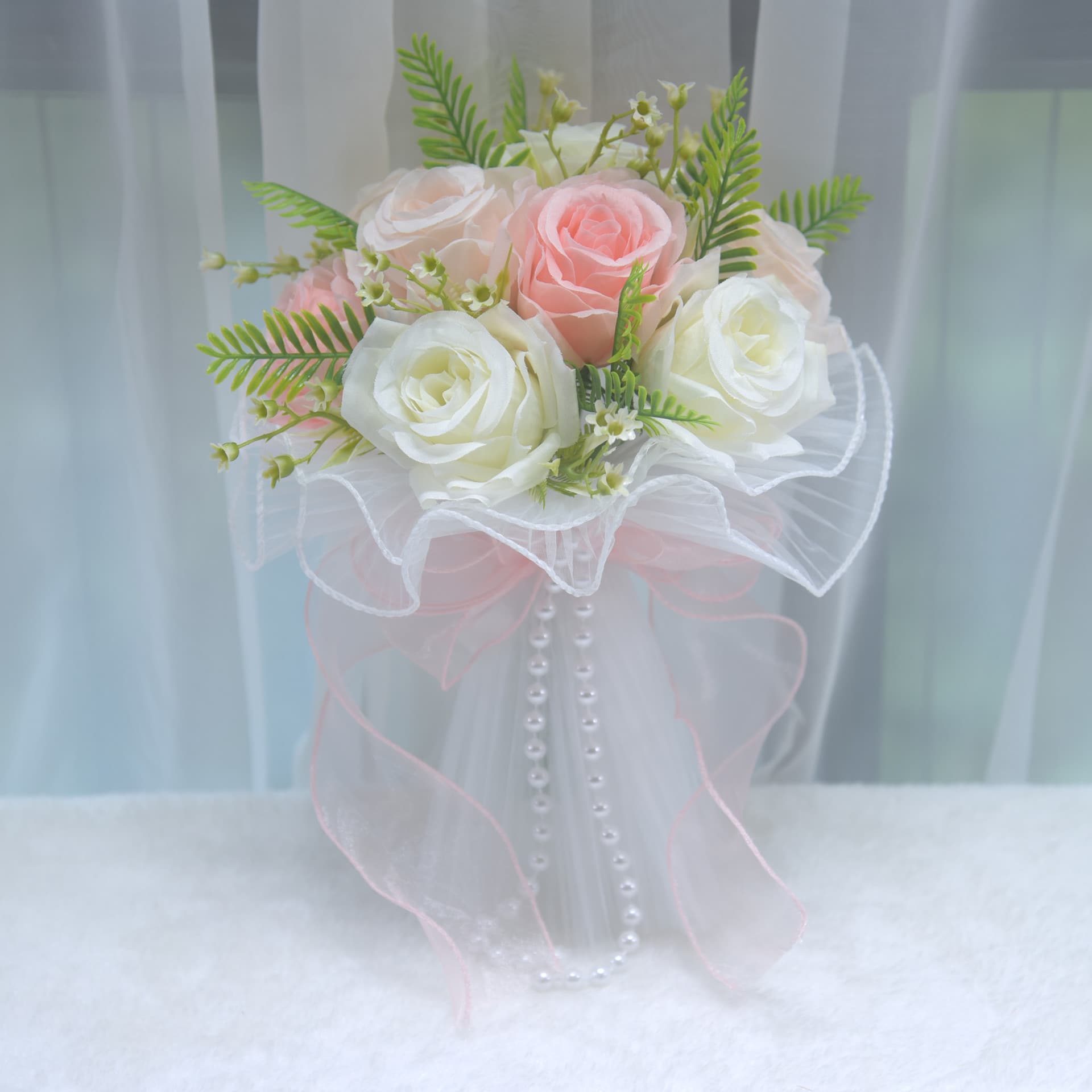 295 Bride Wedding Bouquet with Pearl Mesh Wedding Flowers Bridal Photography Rose Artificial Fake Flowers
