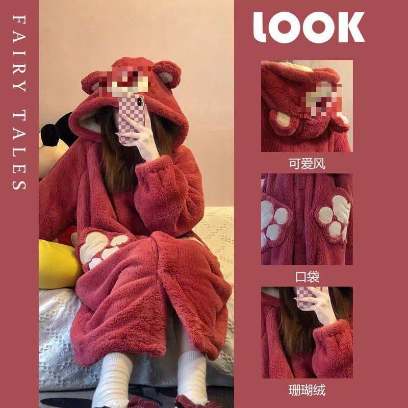 Coral Fleece Bathrobe Cute Cartoon Strawberry Bear Pajamas for Women, Autumn and Winter Thickened Long-Sleeve Set, Can Be Worn Outside