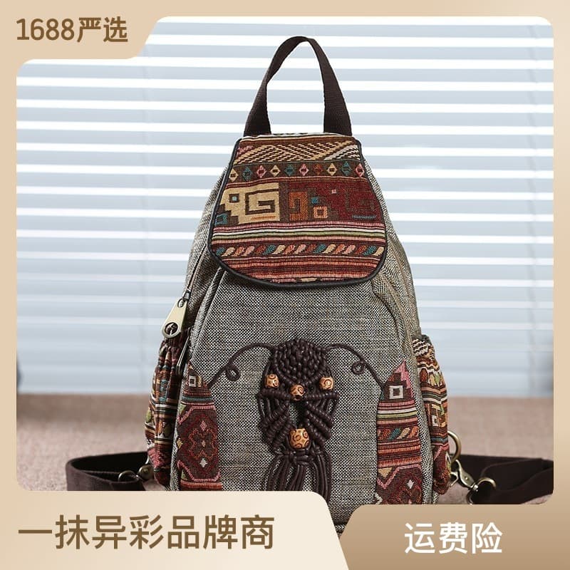 Yimo Yicai Original Women's Backpack Canvas Backpack Vintage Small Bag Chinese Style Small Backpack Travel Backpack