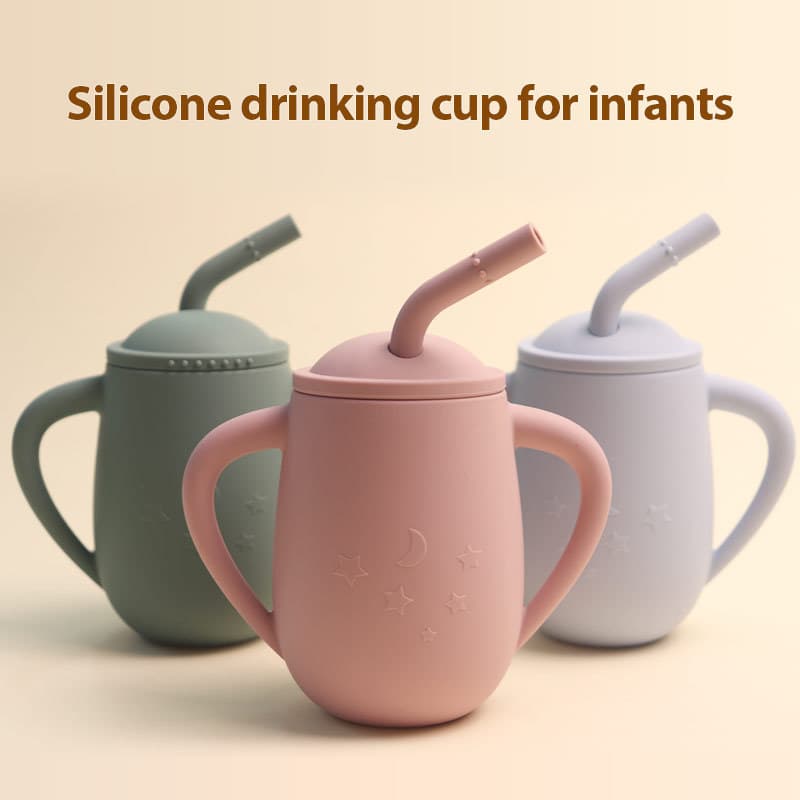 Baby silicone training sippy cup with lid and straw